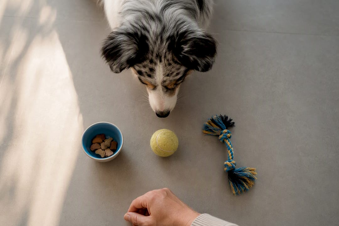 Dog choosing among training rewards