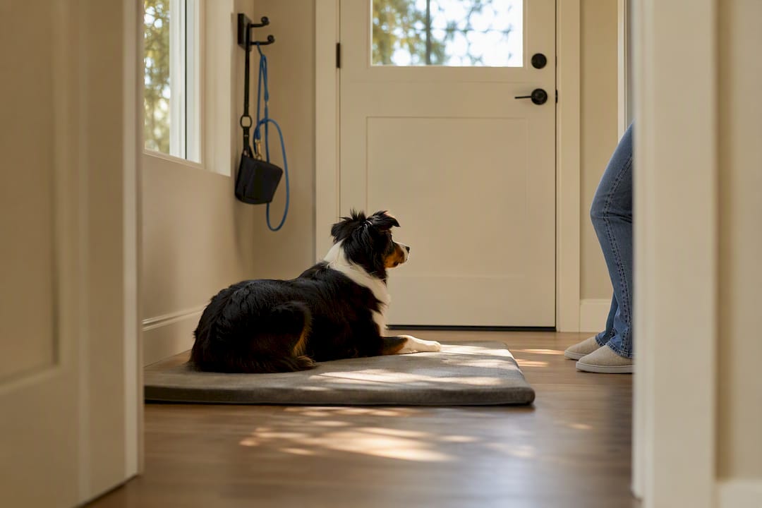 Dog calmly settling on a mat by doorway
