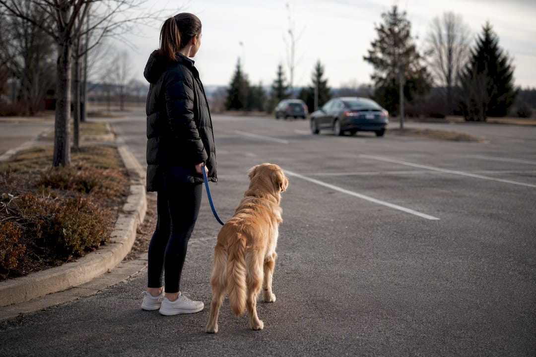 Dog calmly watching cars during socialization