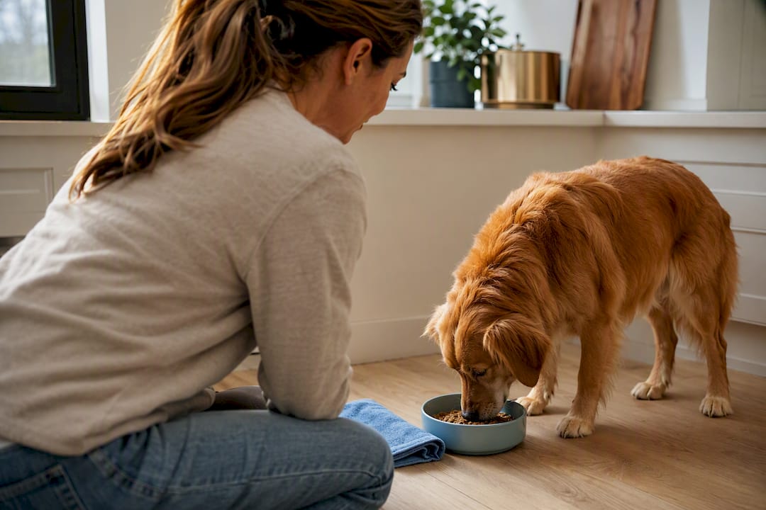 Caregiver observing dog during meal