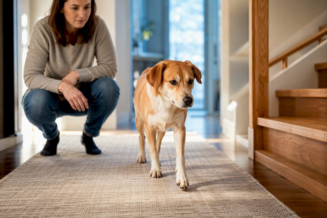 Owner observing dog gait before stairs