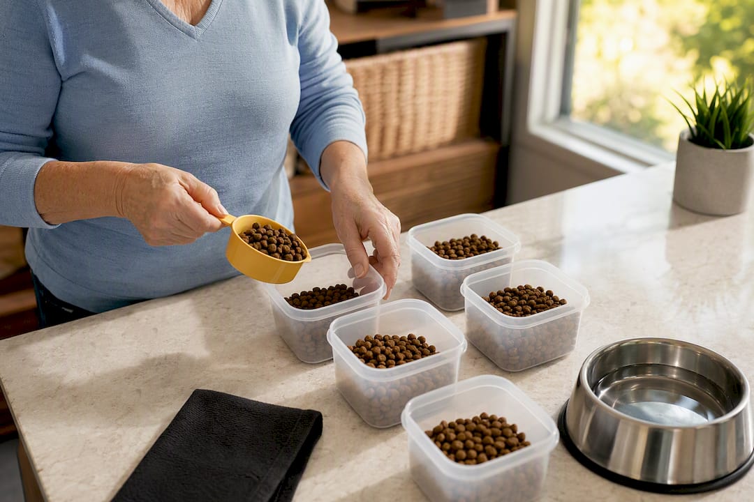 Hands preparing pre-portioned dog meals