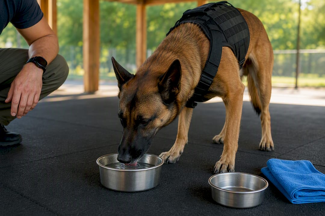 Dog taking a scheduled training water break