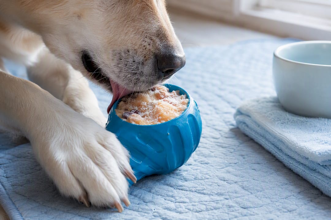 Dog using frozen enrichment toy during rest