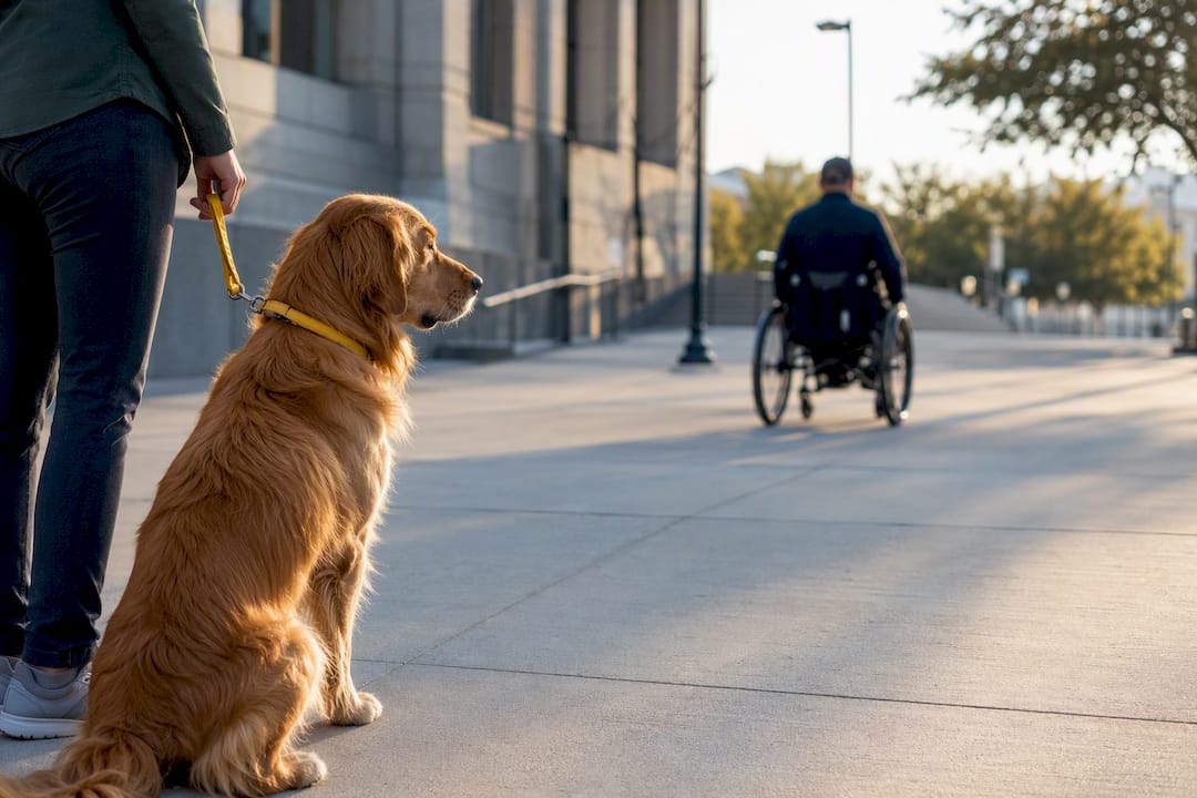 Dog calmly observing wheelchair in public