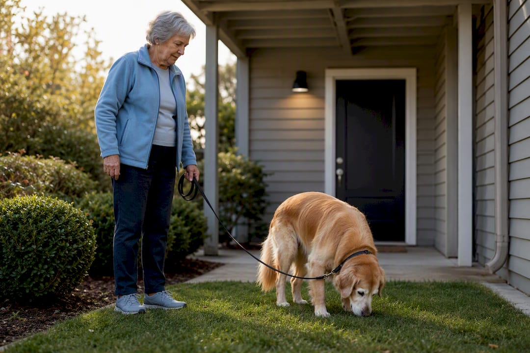 Dog sniffing designated outdoor potty area