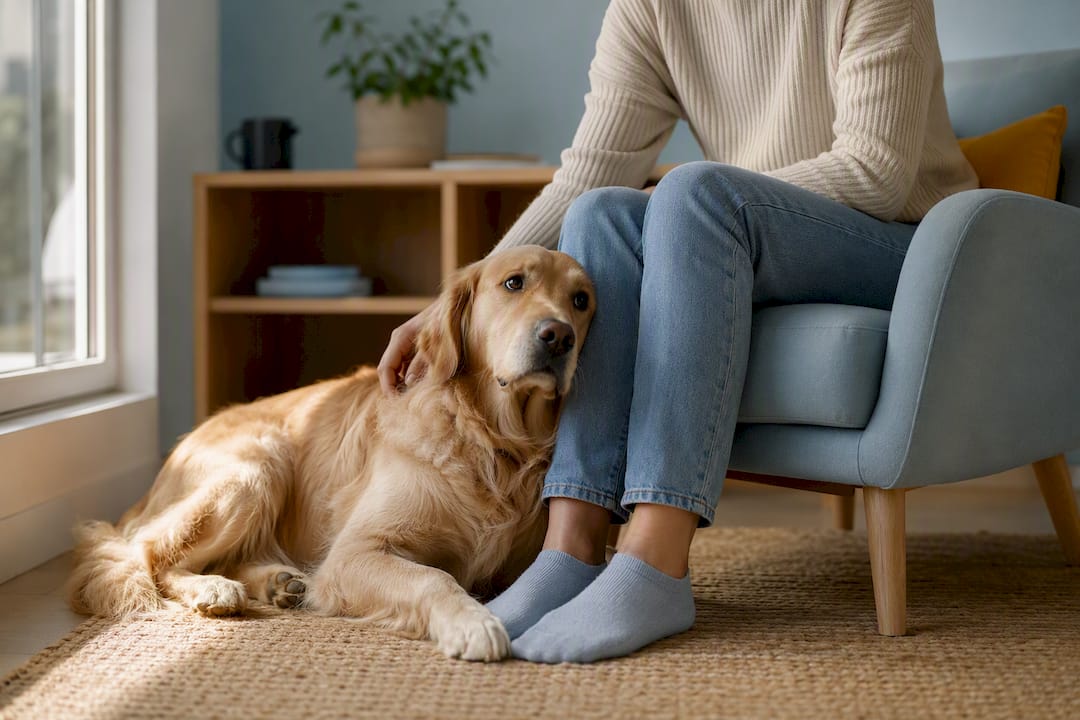 Dog leaning against owner for comfort