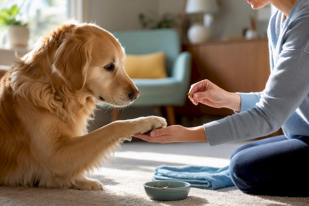 Dog receiving treat for good behavior