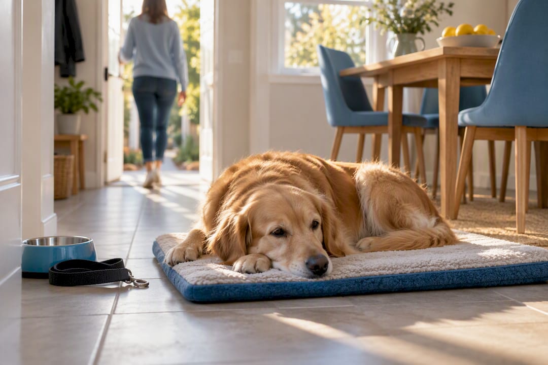 Dog calmly settling during alone-time training