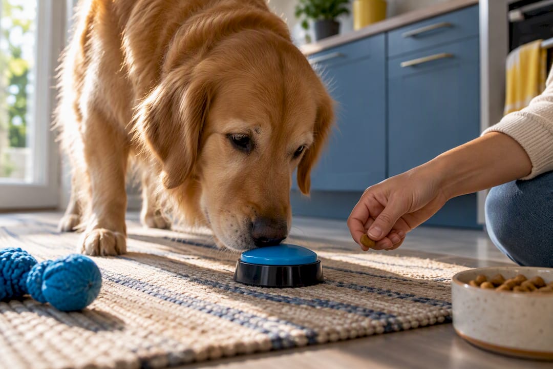 Dog nose-targeting an anonymous training button