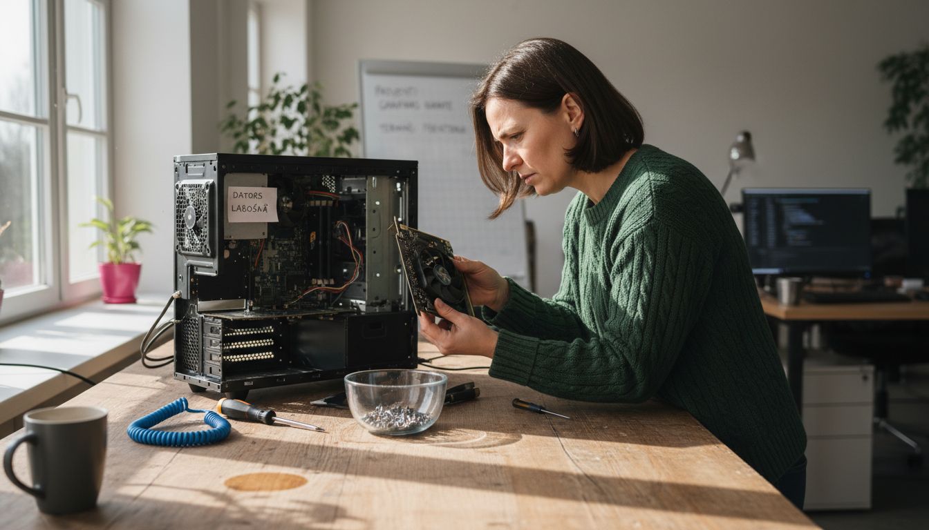 Sieviete rūpīgi pārbauda datora videokartes montāžu