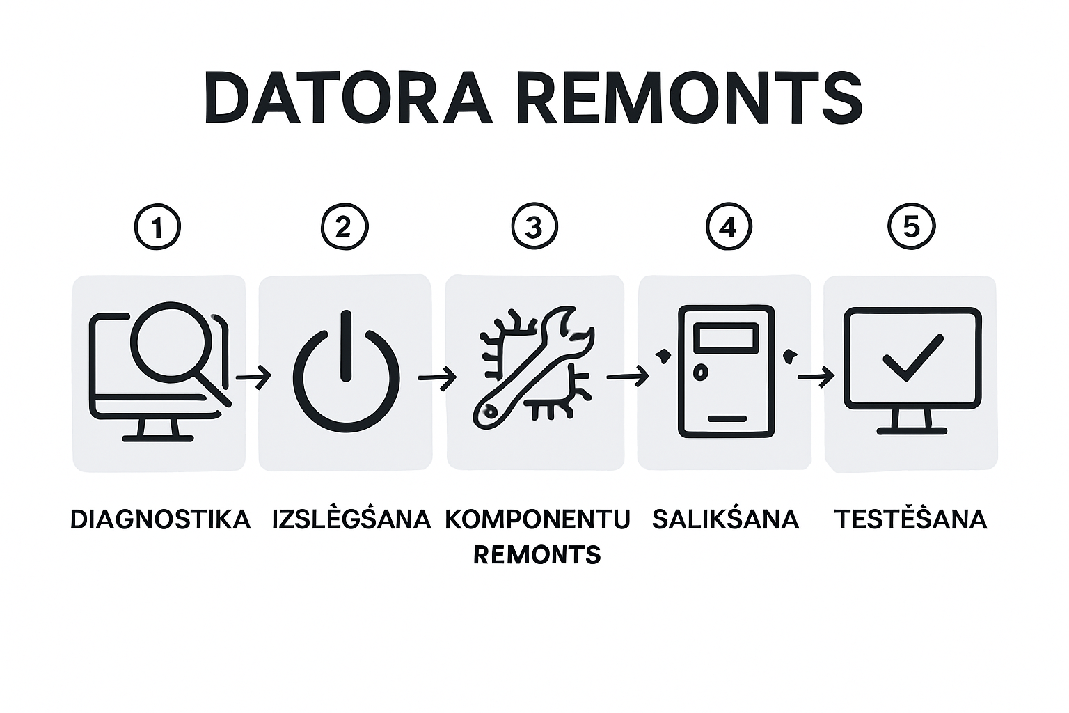 Infografika: pieci soļi datora labošanai