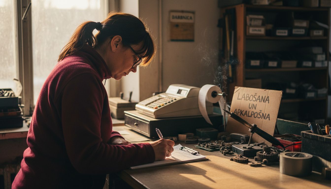 Servisa speciālists fiksē kases aparāta remonta procesu