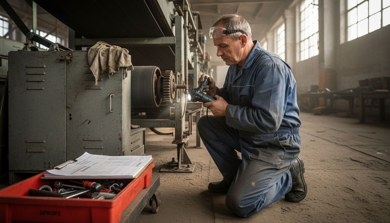 Rūpnīcas darbinieks pārbauda konveijera līniju