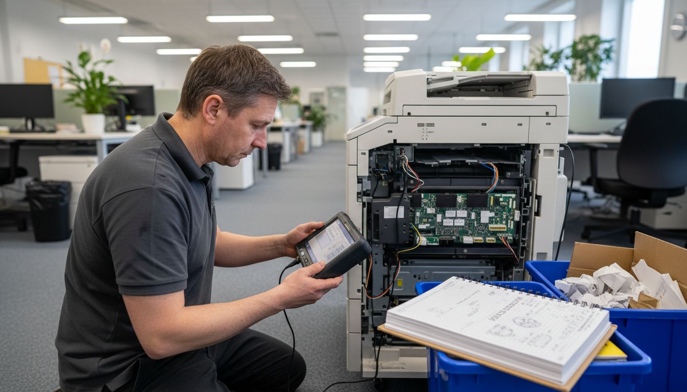 Servisa inženieris veic kopētāja diagnostiku