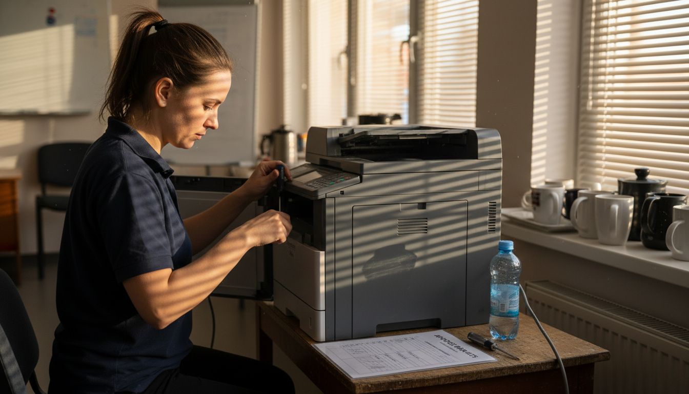 Tehniķis veic printera apkopi atpūtas telpā.