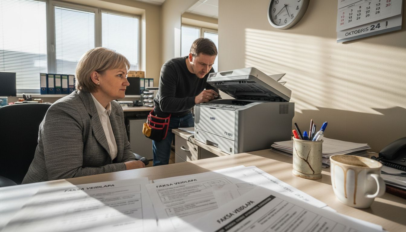 Biroja darbinieks kopā ar tehniķi veic printera apkopi