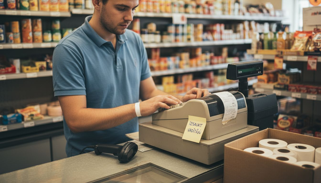 Kasiere pie letes izdrukā pirkuma čeku