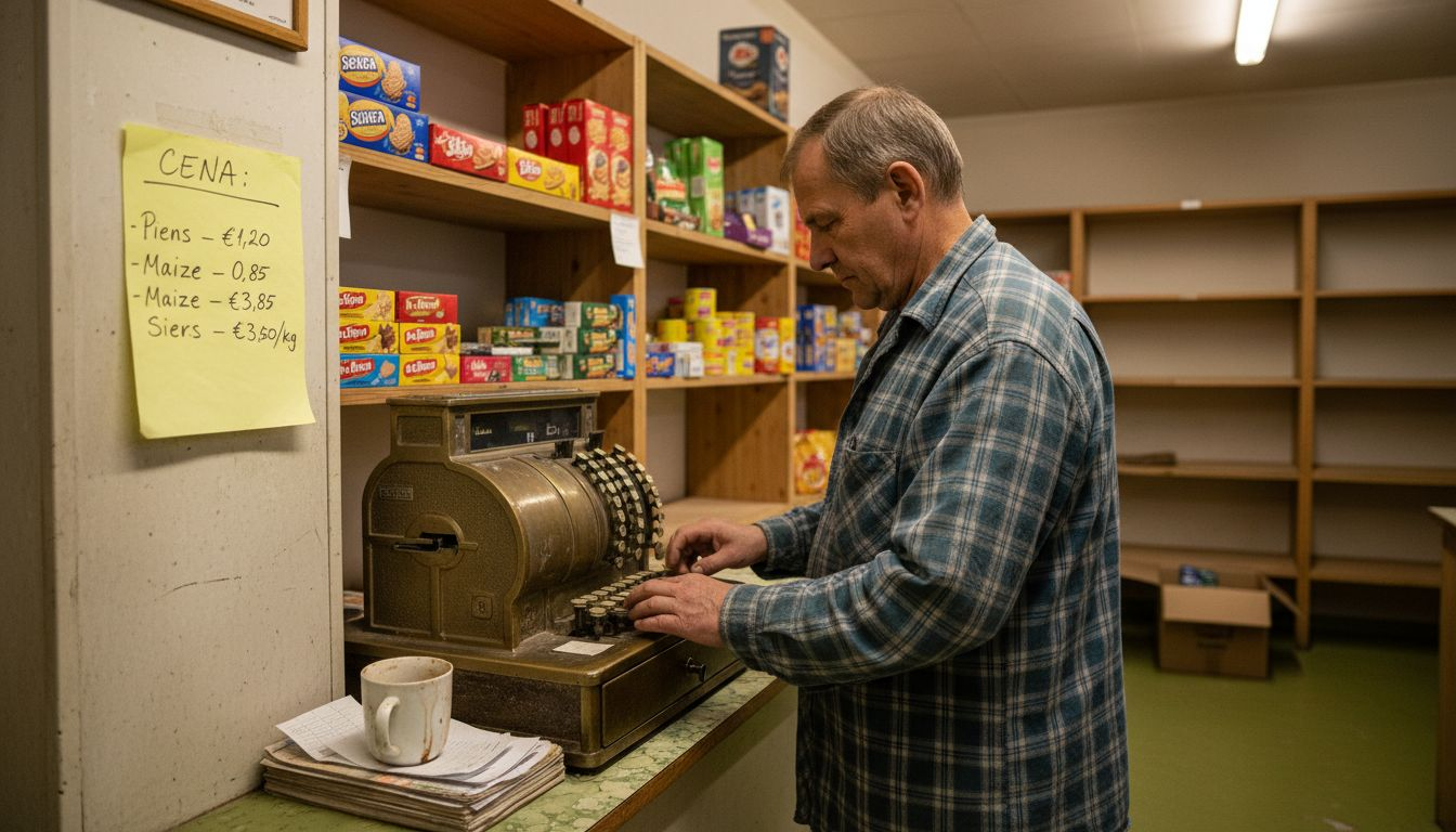Veikala pārdevējs strādā ar mehānisko kases aparātu