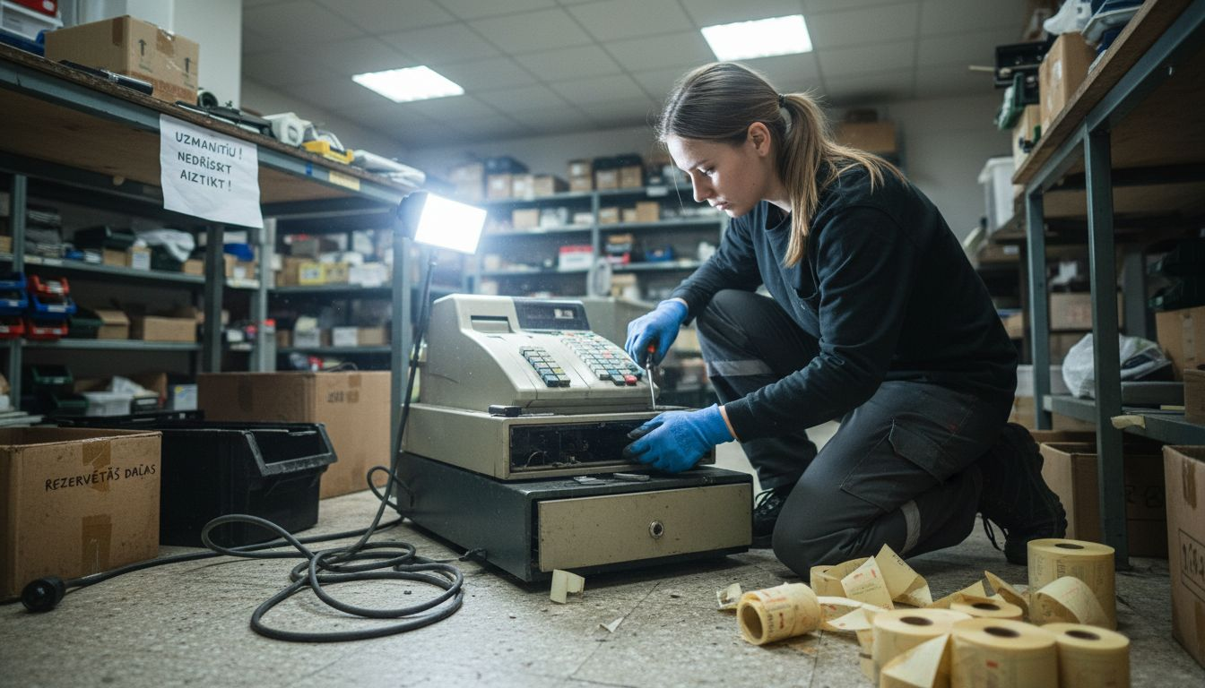Tehniķis noliktavas telpā labo kases aparātu.