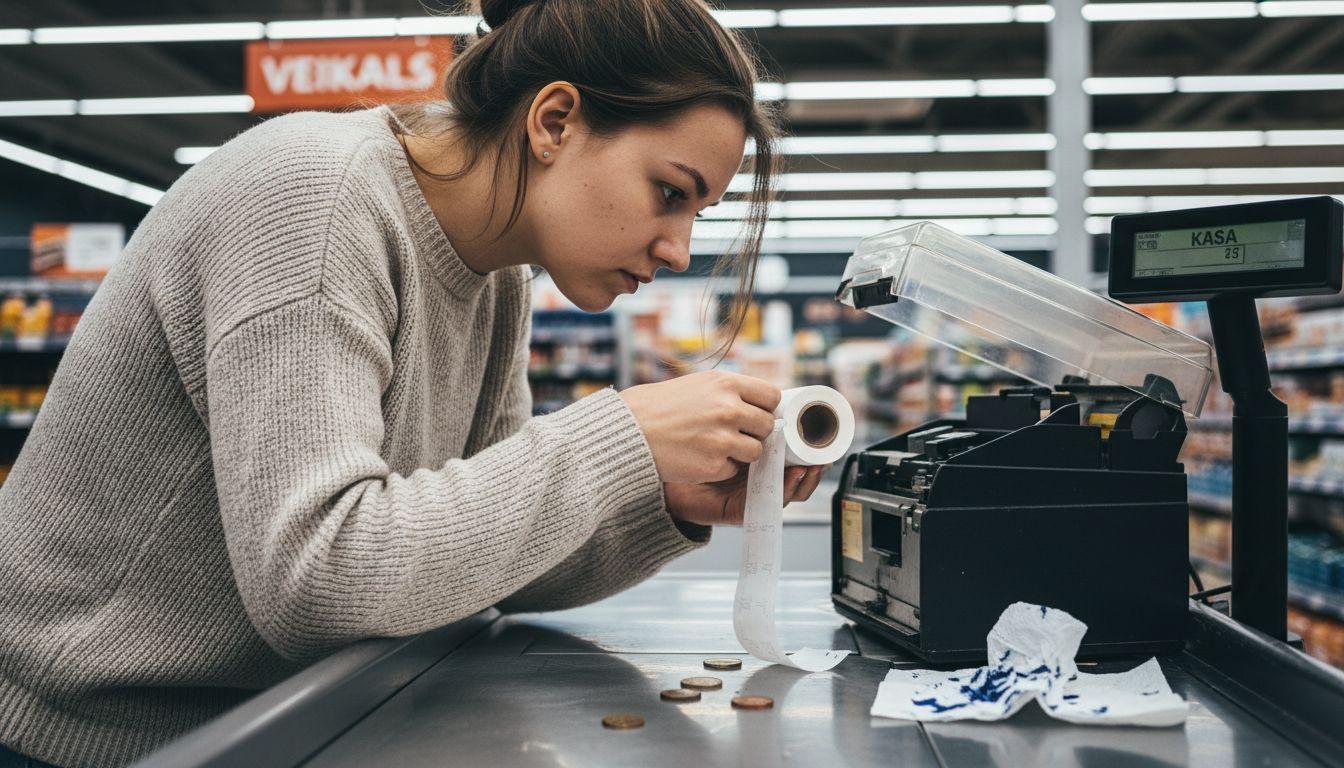 Sieviete pārbauda kases aparāta papīra rulli