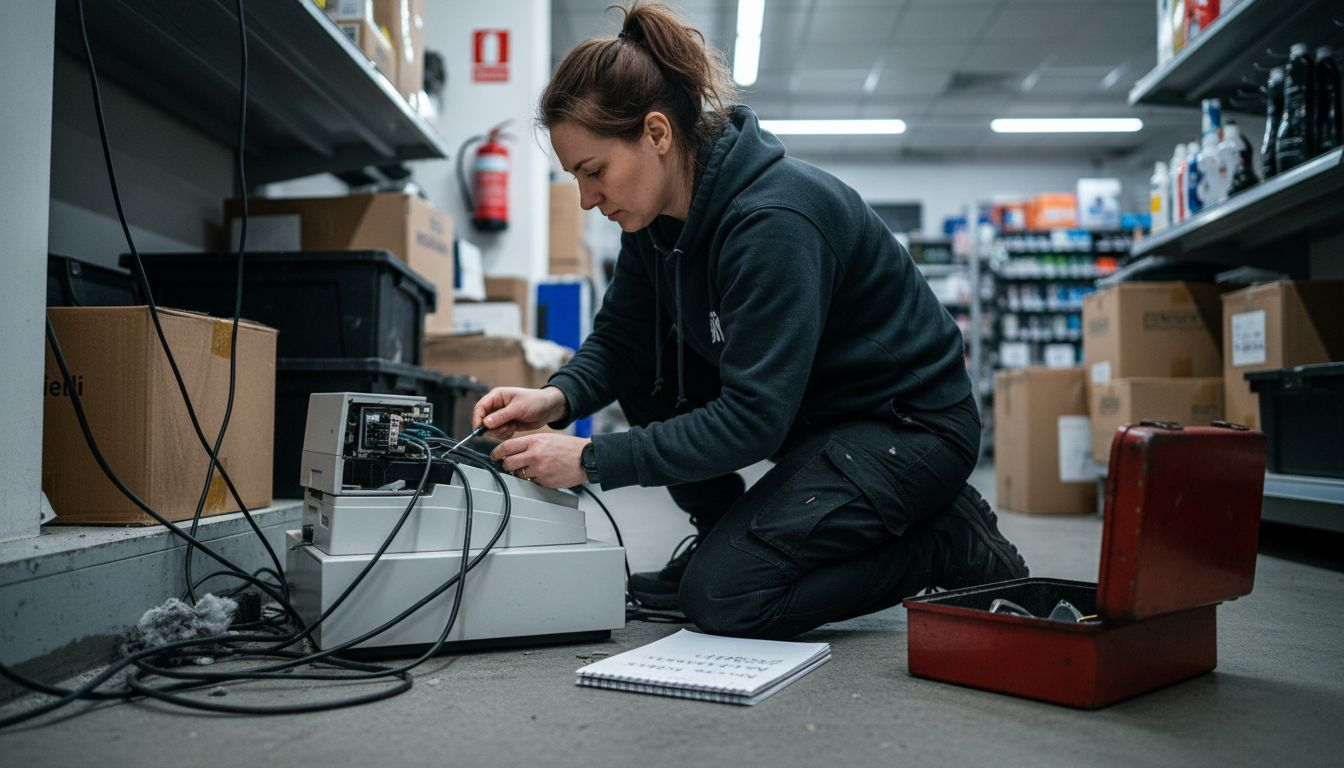 Tehniķis pārbauda kases aparāta tehnisko stāvokli