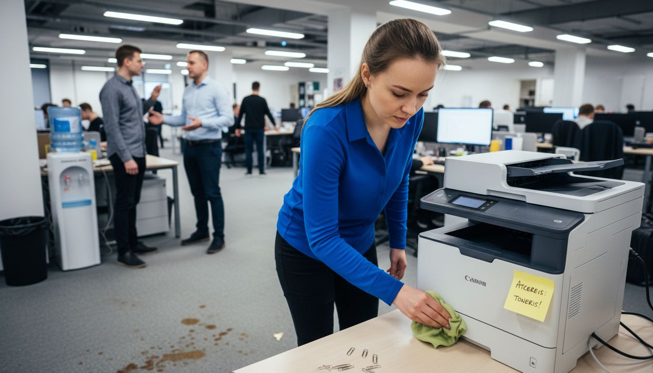 Biroja darbinieks kopj un tīra darba printeri.