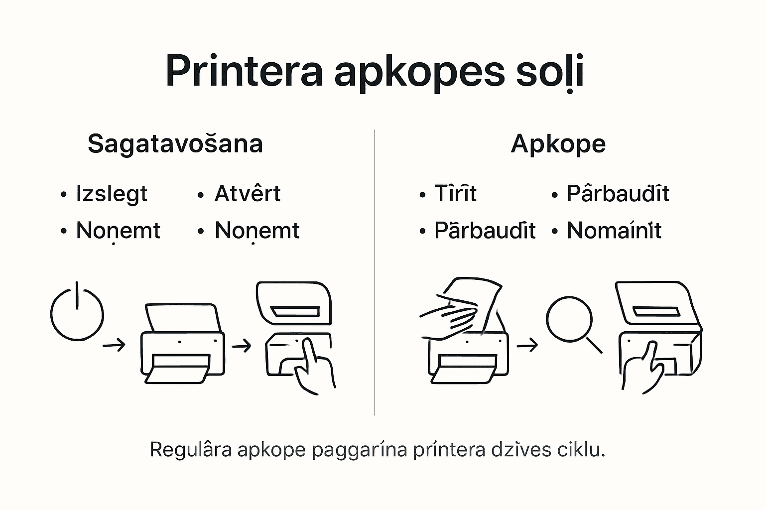 Pārskatāma infografika ar būtiskākajiem printera apkopšanas soļiem