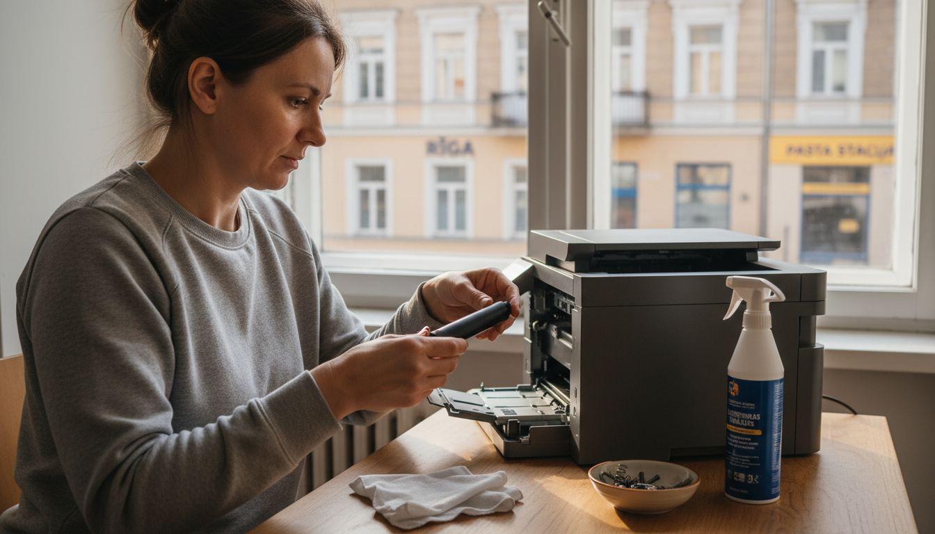Sieviete pie galda maina printerim nolietotu detaļu.