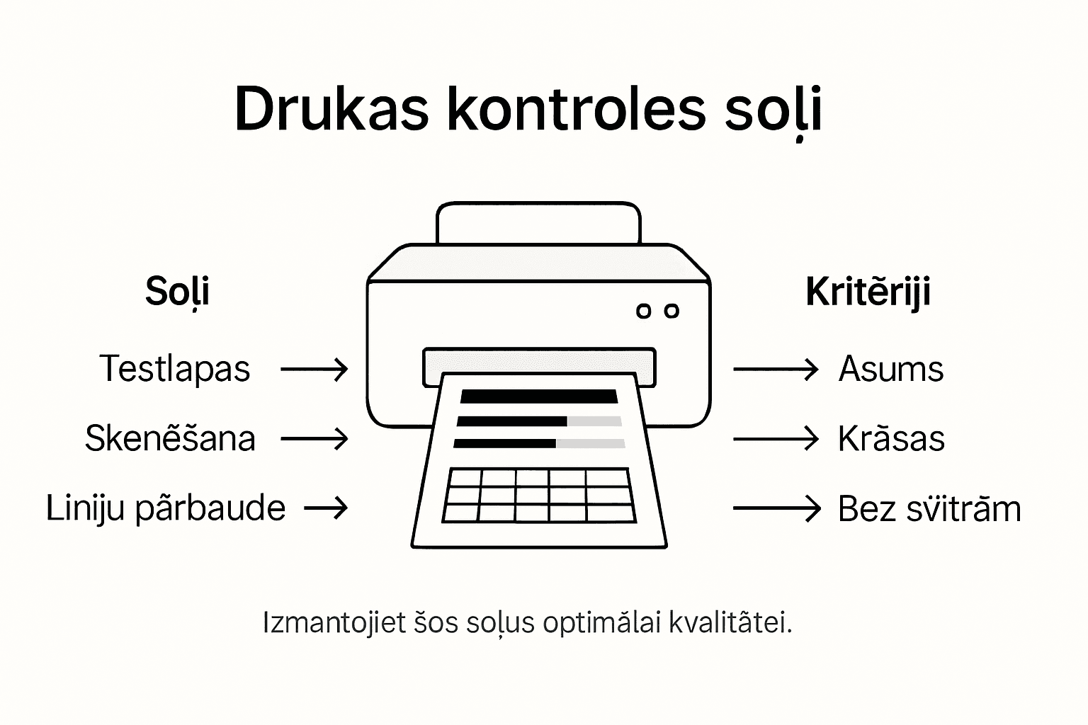 Infografika ar svarīgākajiem soļiem un kritērijiem, kā pārbaudīt drukas kvalitāti