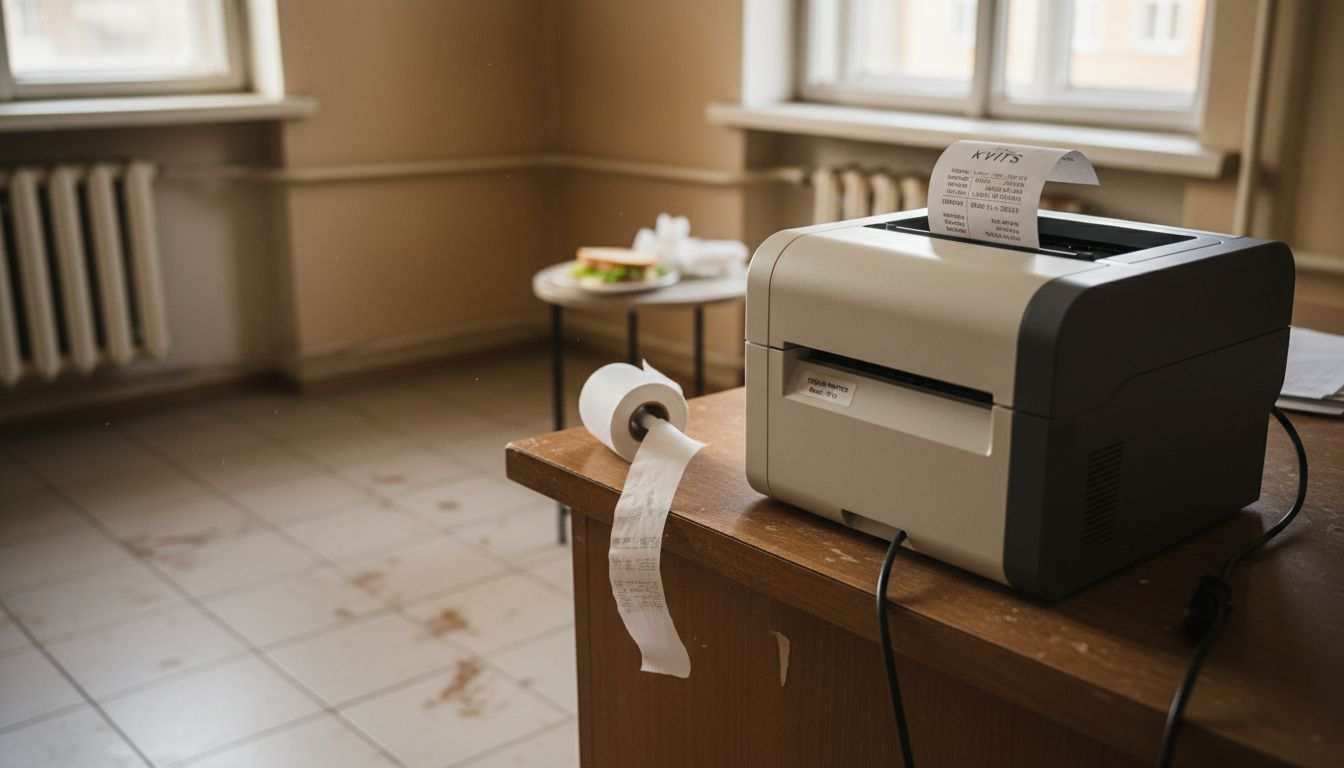 Termoprintera darbība tuvplānā – redzams, kā tiek drukāts čeks