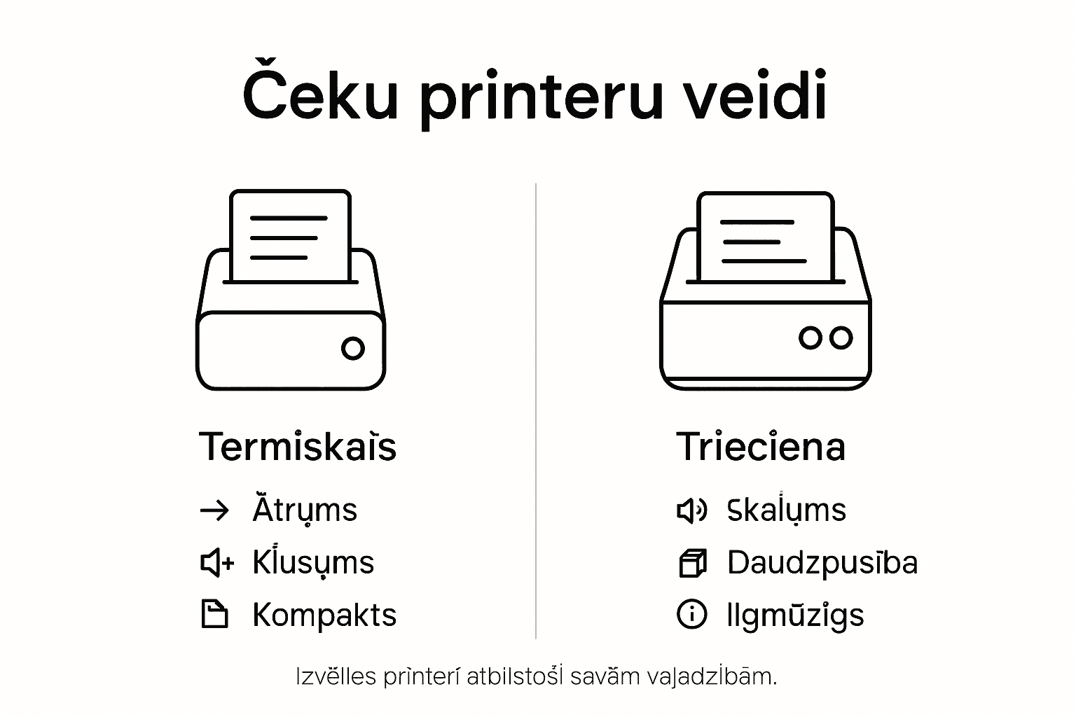 Pārskats par populārākajiem čeku printeru tipiem infografikā