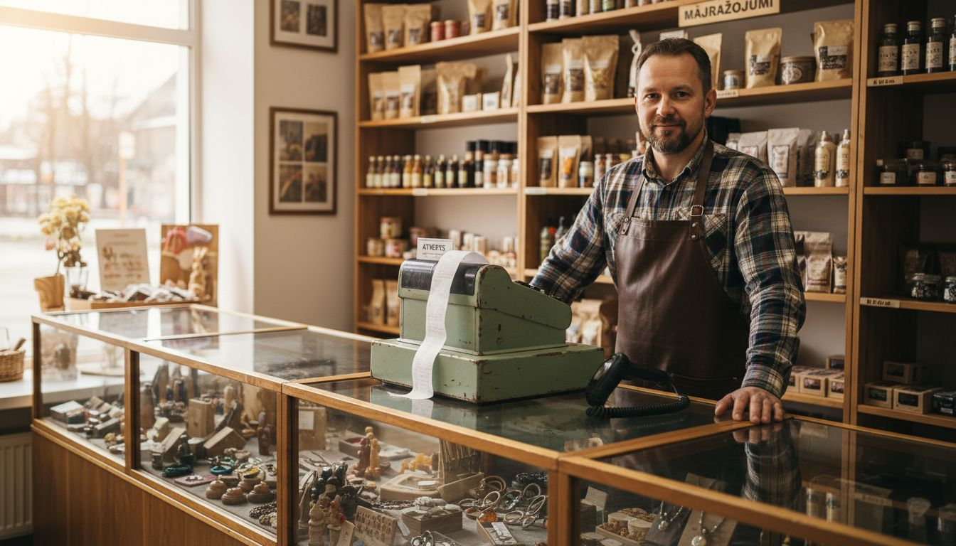 Veikala īpašnieks strādā pie kases aparāta, apkalpojot pircējus.