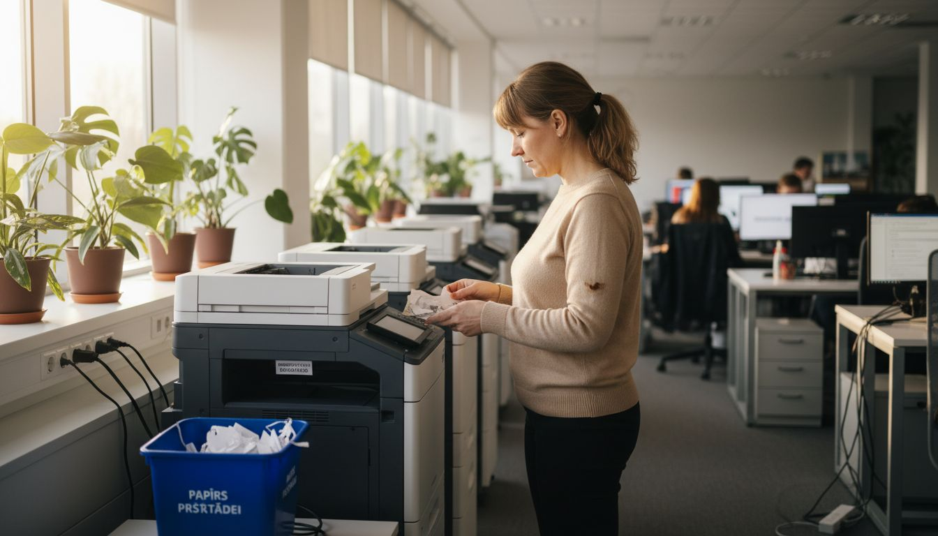 Administrators pārbauda videi draudzīgas drukāšanas staciju, lai pārliecinātos, ka viss darbojas ilgtspējīgi.