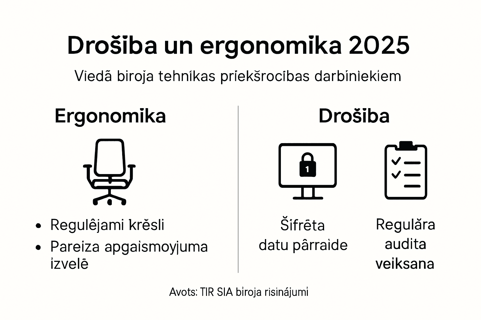 Infografika par drošu un ērti iekārtotu darba vidi birojā