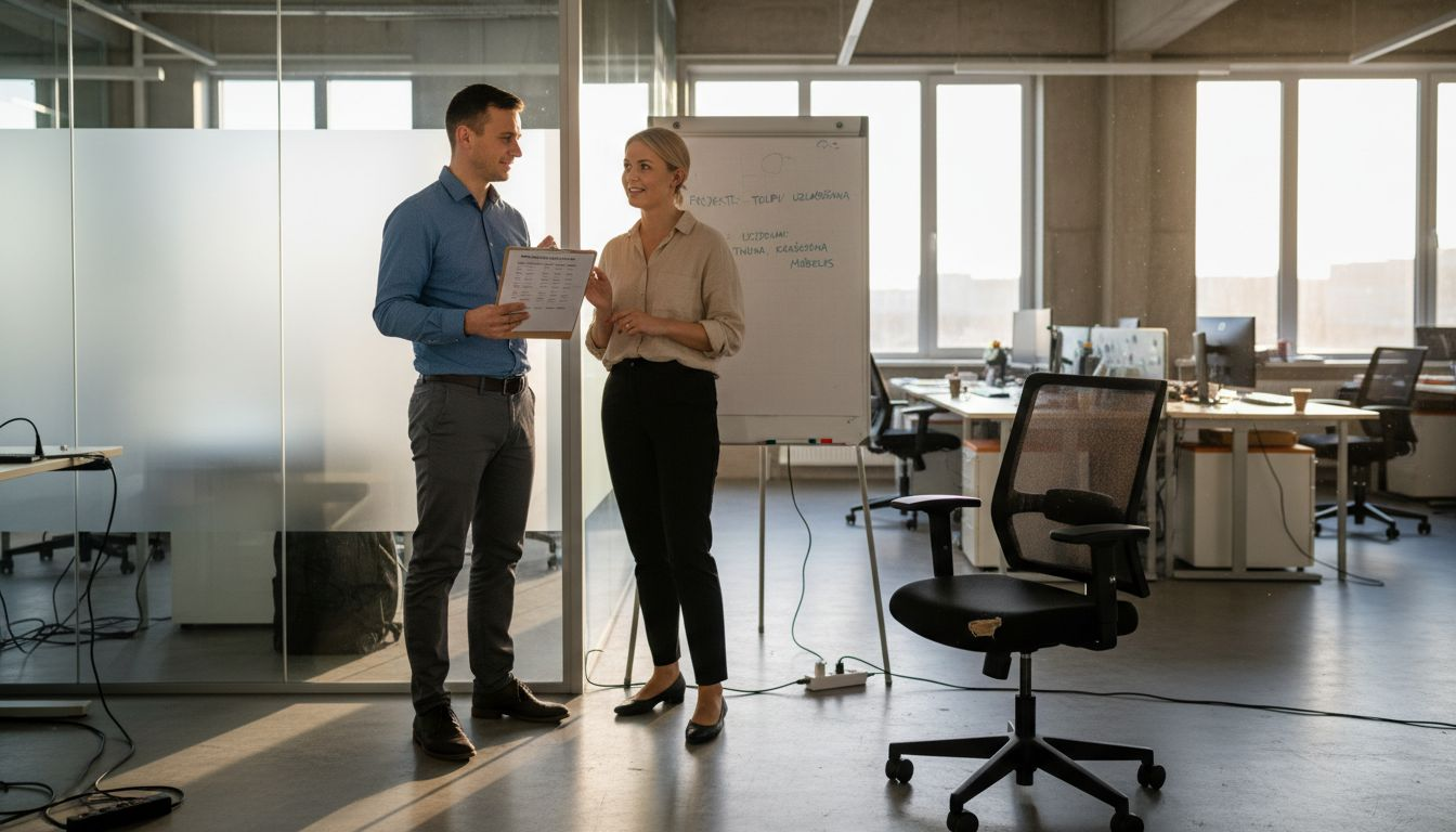 Kolēģi atvērtā biroja telpā pārrunā dažādus pakalpojumu veidus.