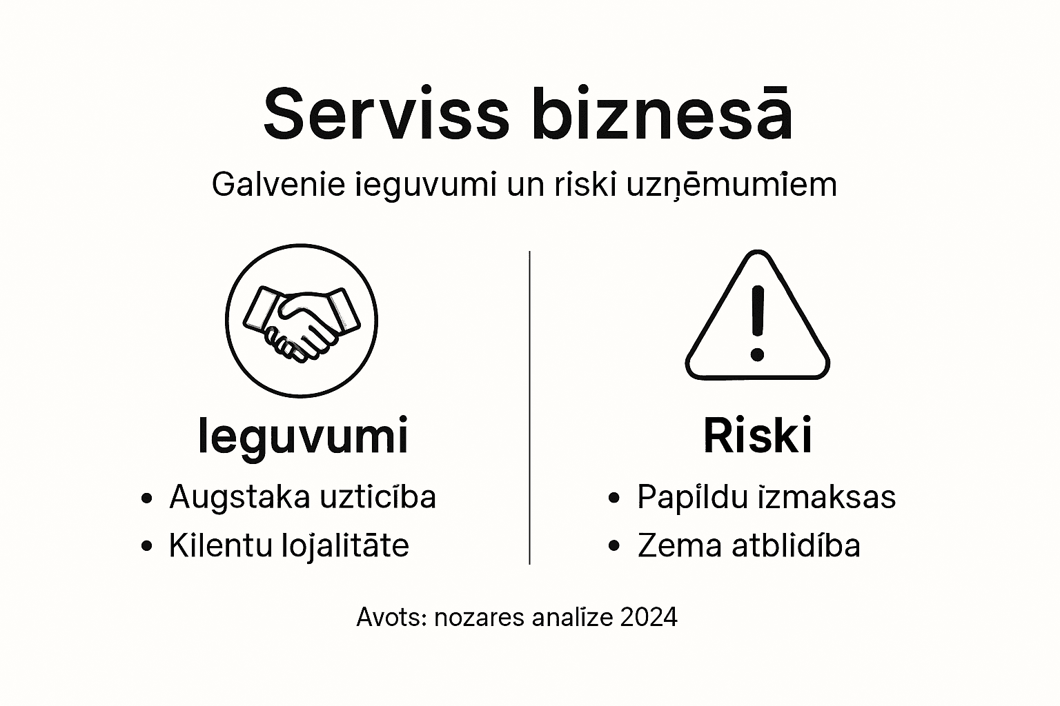 Infografika: uzņēmuma pakalpojumu priekšrocību un iespējamo risku salīdzinājums