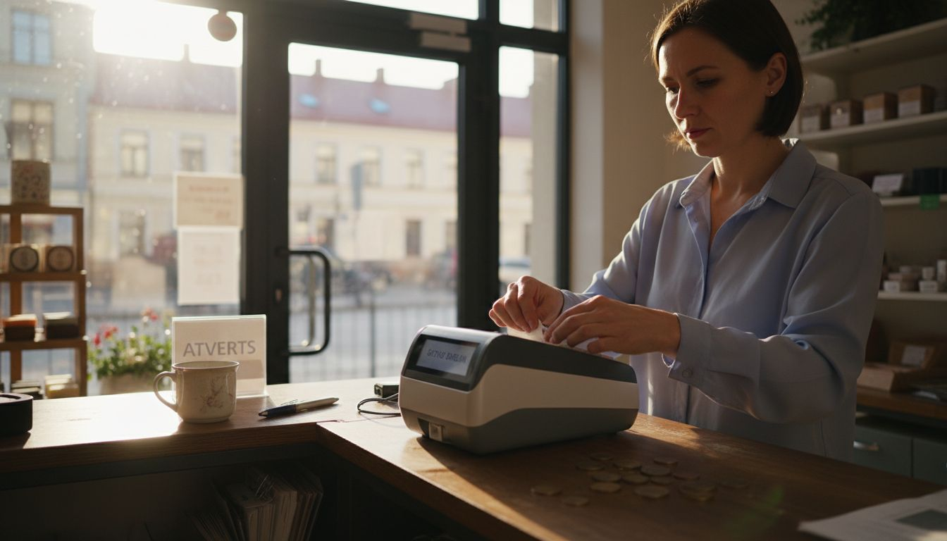 Veikalā pārdevēja sāk darboties ar mobilo kases aparātu.