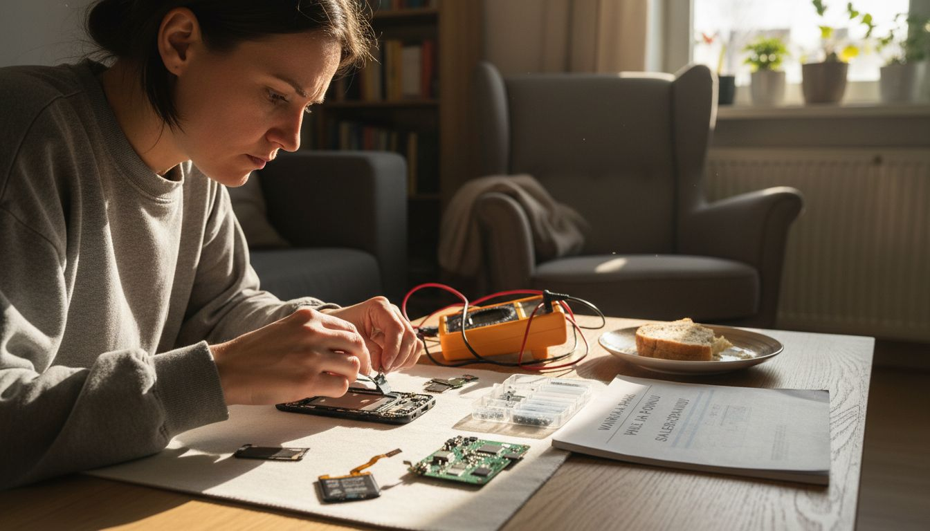 Sieviete rūpīgi pēta viedtālruņa detaļas