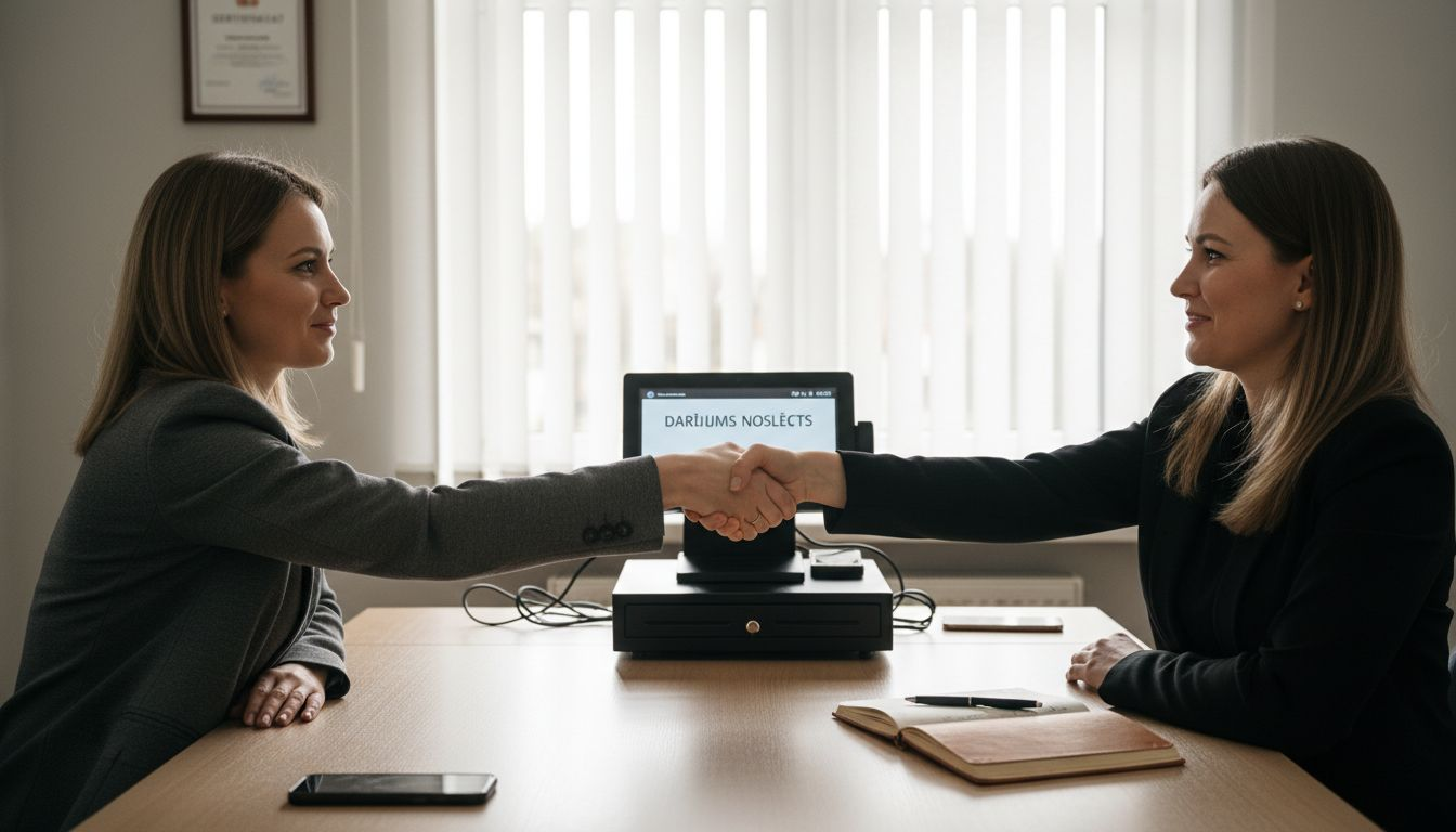 Uzņēmējs un tehniķis pie kases aparāta sarokojas, apliecinot veiksmīgu sadarbību.