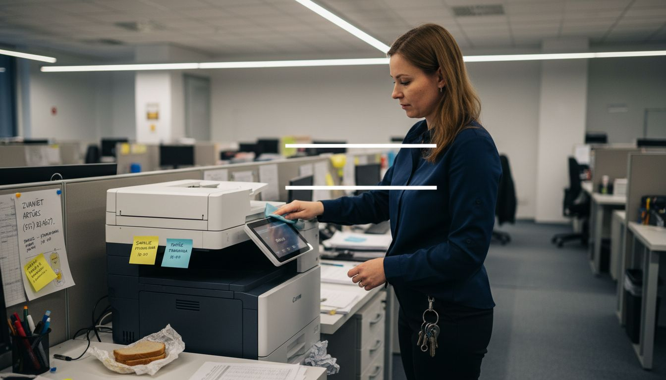 Vadītājs rūpīgi sakārto printera darba vietu, nodrošinot tīru un kārtīgu vidi, lai kolēģiem būtu patīkami strādāt.