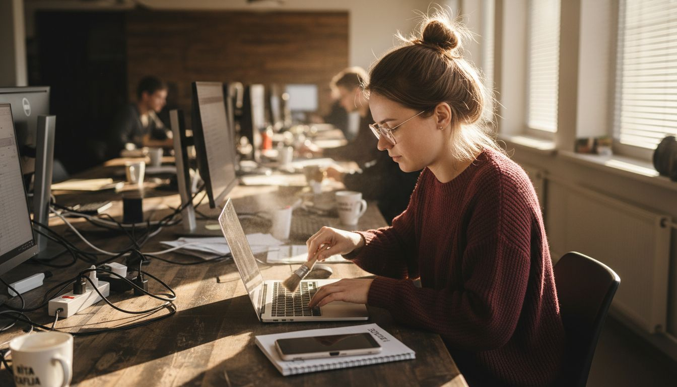 Datora ventilācijas atveru tīrīšana pie rakstāmgalda