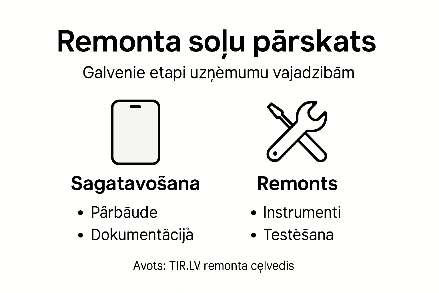Pārskatāma infografika, kas soli pa solim izskaidro, kā notiek mobilā tālruņa remonts