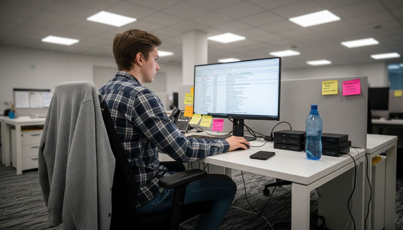 Darbinieks pie sava darba galda pārbauda, vai datu rezerves kopijas ir droši saglabātas.