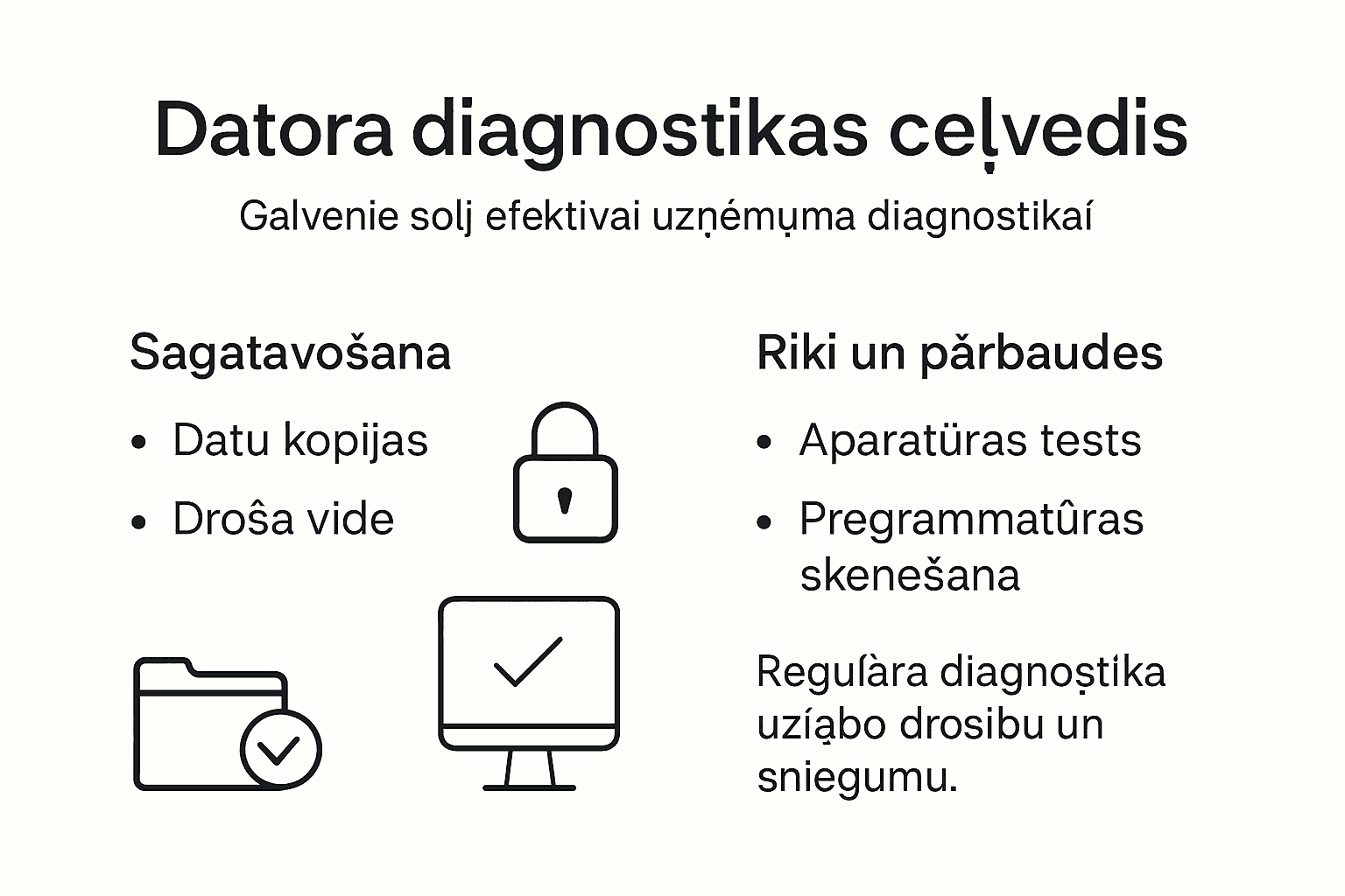 Pārskatāma infografika ar svarīgākajiem datoru diagnostikas posmiem