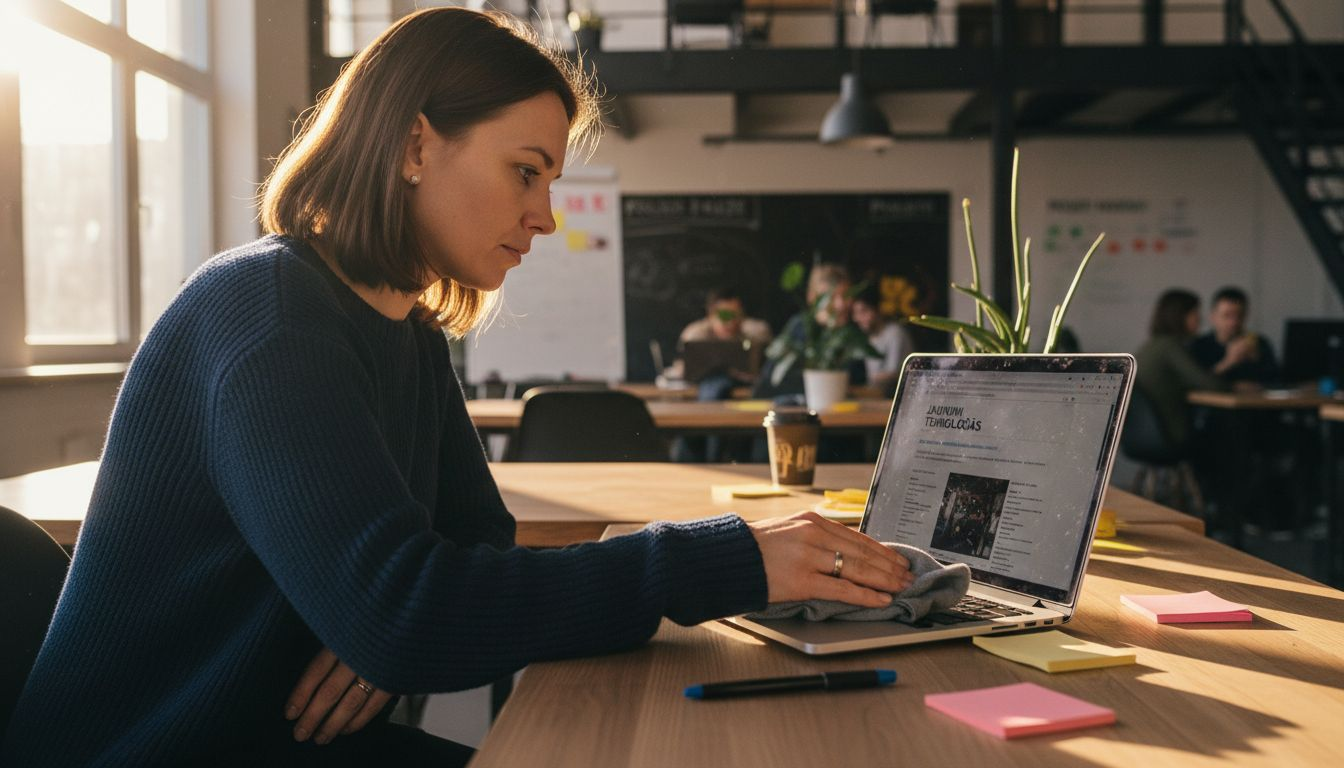 Sieviete rūpīgi noslauka sava portatīvā datora ekrānu koplietošanas darba vietā.
