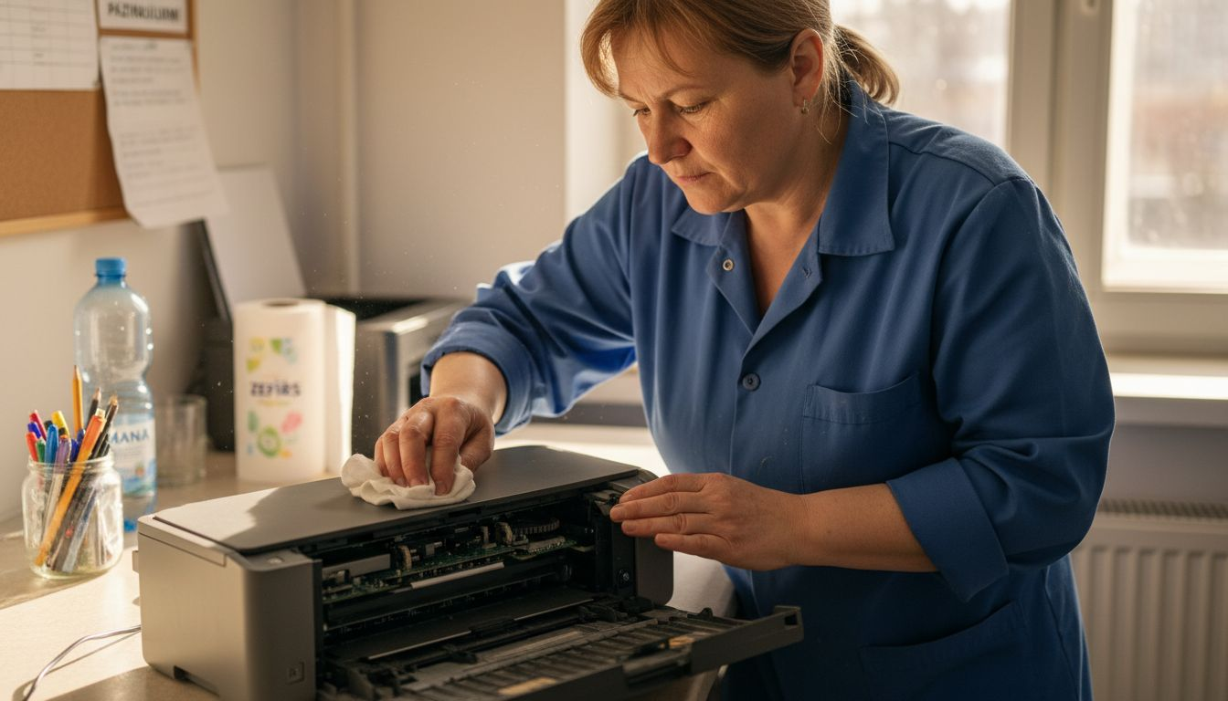 Printera iekšpuses tīrīšana atpūtas telpā