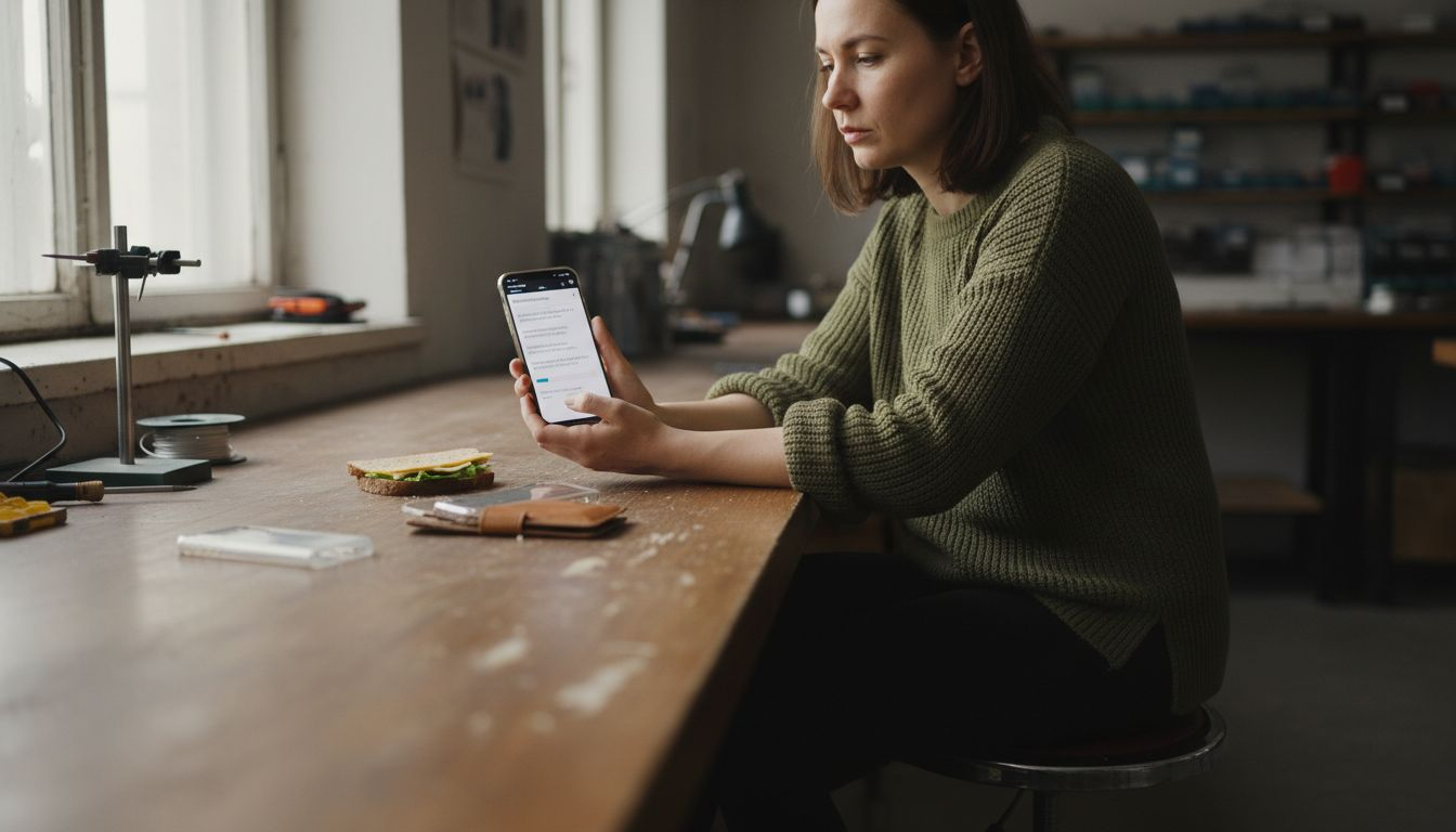 Tehniķis rūpīgi iepazīstas ar telefona diagnostikas pārbaudes rezultātiem