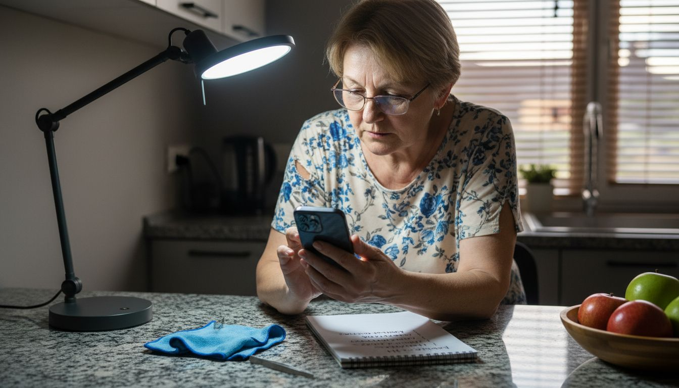 Sieviete rūpīgi apskata savu iPhone, lai pārliecinātos, vai pēc remonta nav radušies kādi bojājumi.