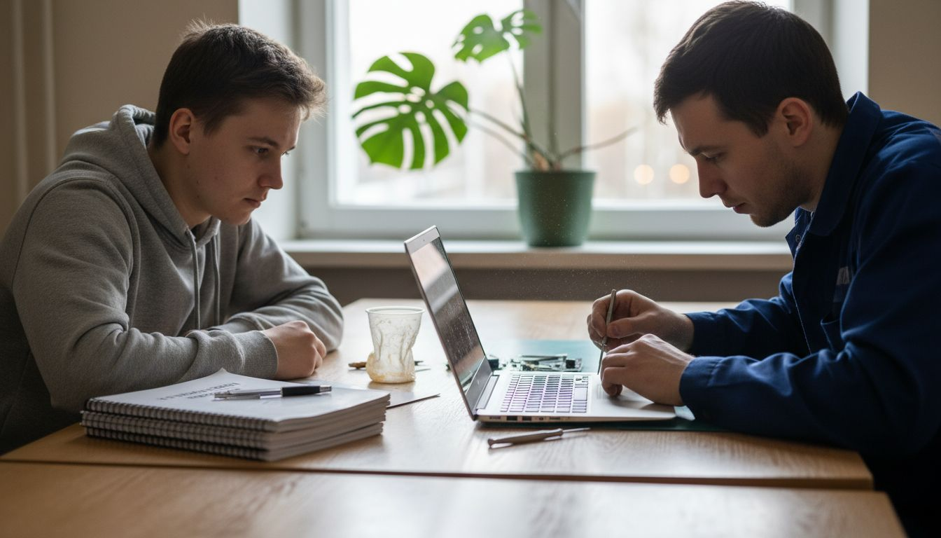 Kāds students atpūtas telpā vēro, kā meistars labo portatīvo datoru.
